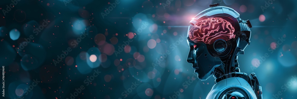 Obraz premium futuristic robot with artificial intelligence, side profile, dark background with space for text