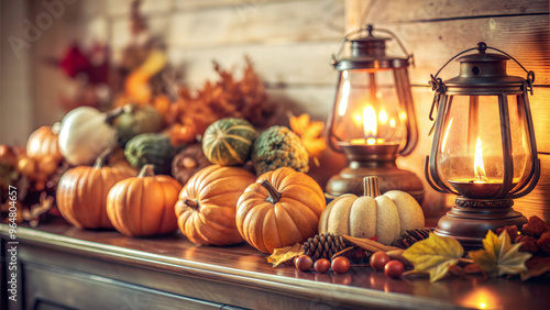 Close-up of fall farmhouse decor with pumpkins and lanterns, warm autumn colors, Thanksgiving and harvest season photo