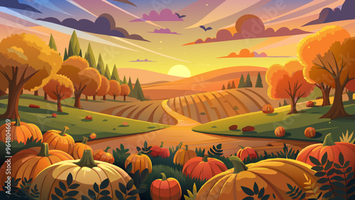 Autumn Pumpkin Field at Sunset with Scenic Landscape
