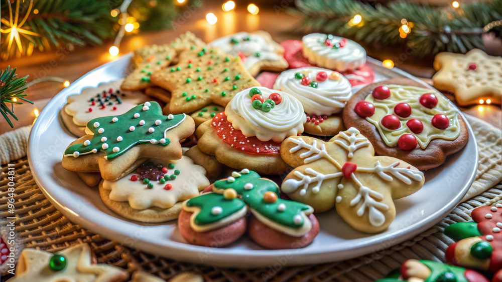 Close-Up of Holiday Cookies Arranged on a Plate for Christmas Celebration with Festive Lights Close-Up of Holiday Cookies Arranged on a Plate for Christmas Celebration with Festive Lights