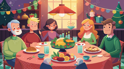 Family Christmas Dinner Celebration with Festive Decor and Joyful Atmosphere