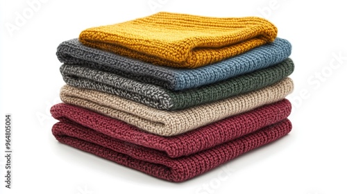 Stack pile of folded wooley knit cloth isolated on white background 