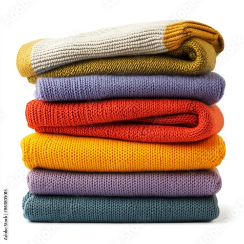 Stack pile of folded wooley knit cloth isolated on white background  photo