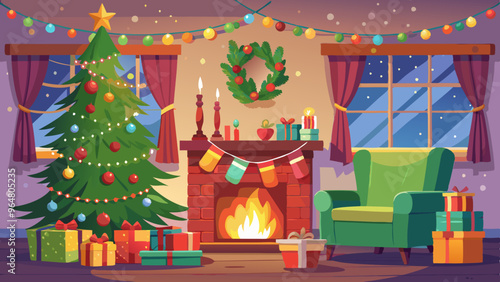 Cozy Christmas Living Room with Tree, Fireplace, and Festive Decor