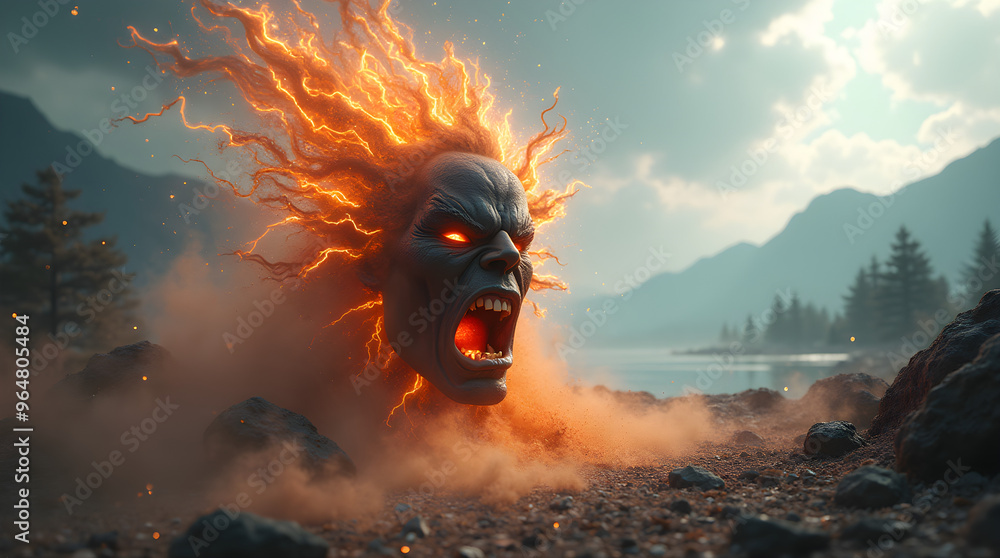 Fiery Demonic Head Erupting from the Ground in a Dramatic Landscape ...