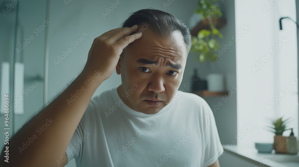 MiddleAged Indonesian Man Examining Hair in Mirror for Health and Grooming Awareness MiddleAged Indonesian Man Examining Hair in Mirror for Health and Grooming Awareness