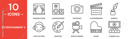 Entertainment icon set. THEATRE STAGE, LOUDS PEAKERS, PHOTO ART, CLAPPER BOARD, INKWELL, icons. Outlined icon collection. Vector illustration. photo