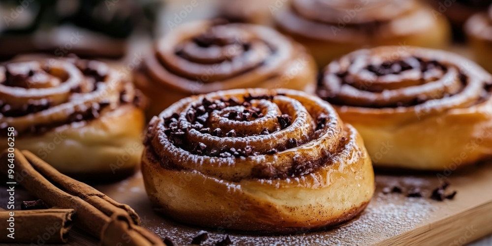 Freshly baked cinnamon rolls with chocolate on a wooden table Freshly baked cinnamon rolls with chocolate on a wooden table