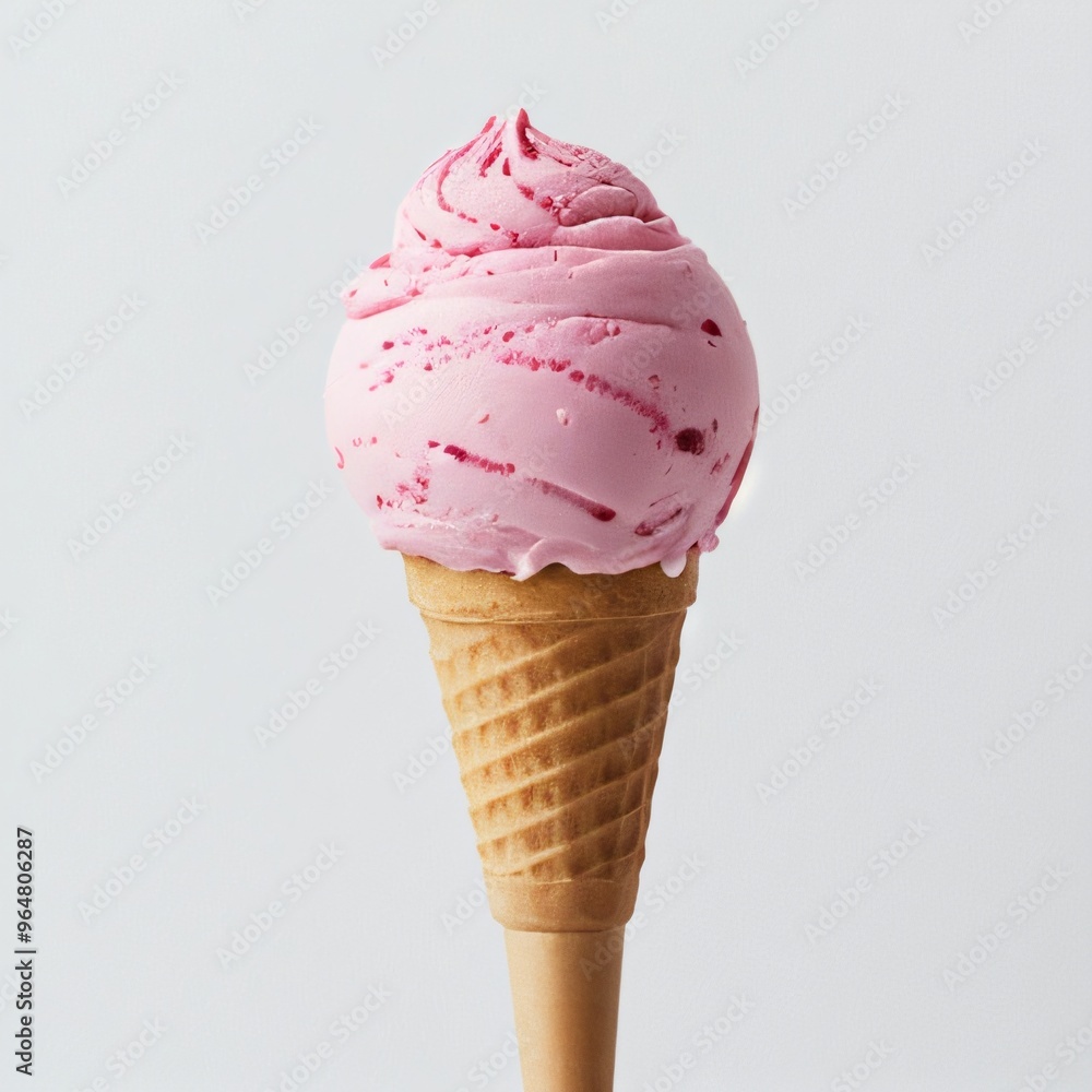 Pink soft serve ice cream in a cone on white background.. Pink soft serve ice cream in a cone on white background..