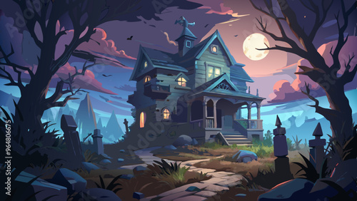 Haunted House Under Moonlight with Spooky Atmosphere