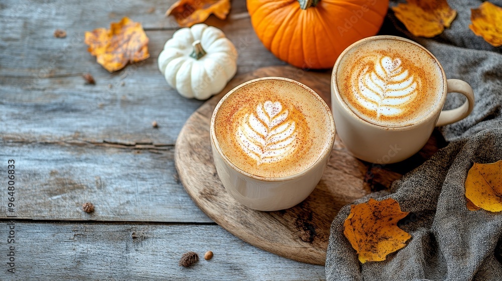 Top view of pumpkins and pumpkin coffee latte cup autumn fall composition background Top view of pumpkins and pumpkin coffee latte cup autumn fall composition background