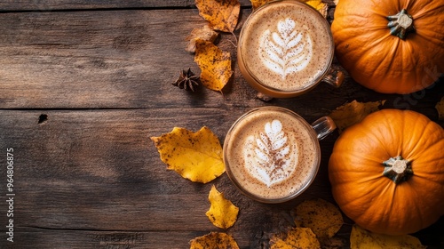 Top view of pumpkins and pumpkin coffee latte cup autumn fall composition background