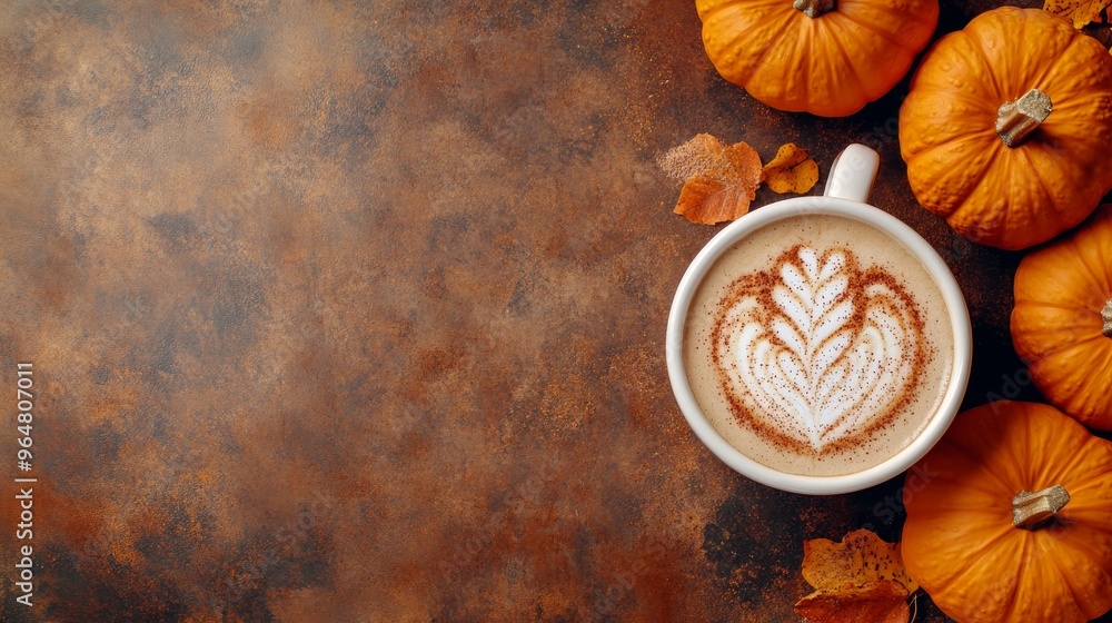 Top view of pumpkins and pumpkin coffee latte cup autumn fall composition background Top view of pumpkins and pumpkin coffee latte cup autumn fall composition background