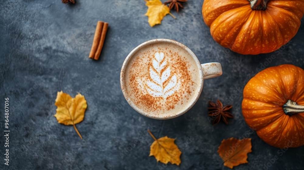 Top view of pumpkins and pumpkin coffee latte cup autumn fall composition background Top view of pumpkins and pumpkin coffee latte cup autumn fall composition background