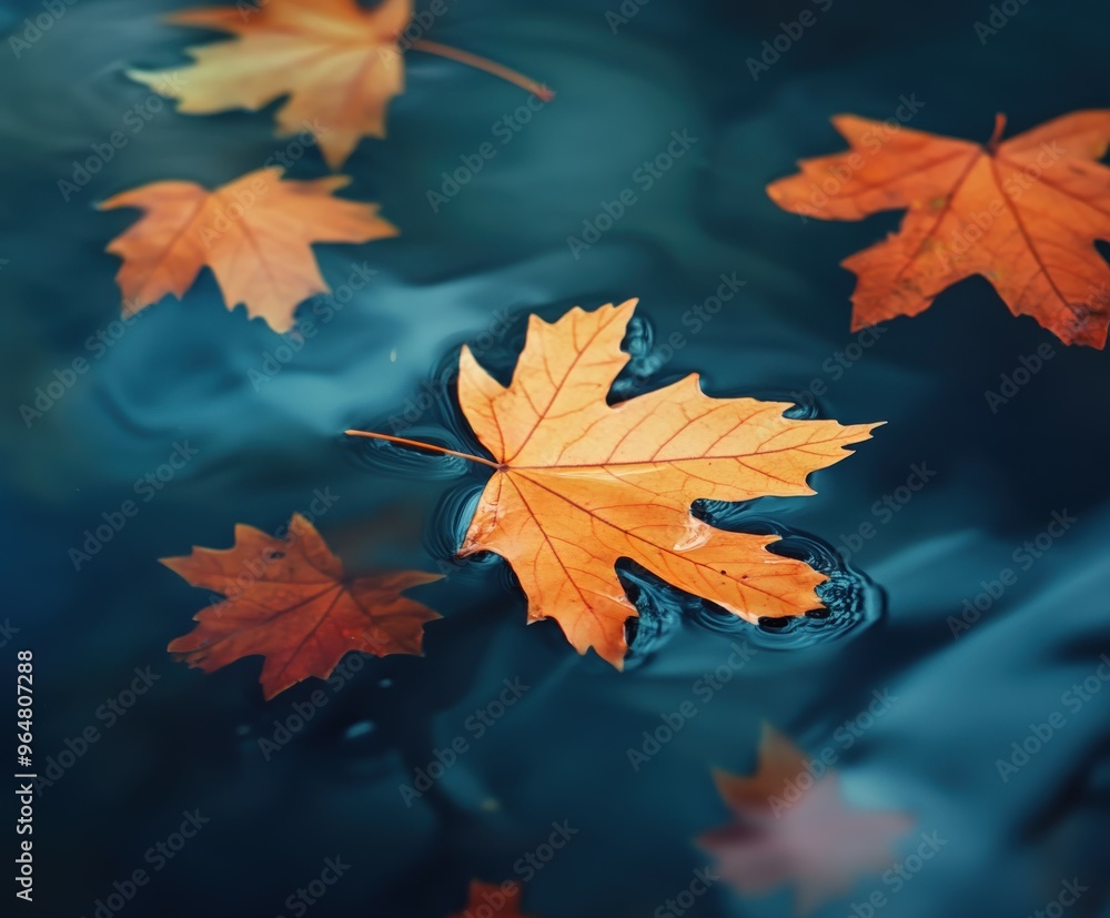 Colorful autumn leaves floating gently on still water surface Colorful autumn leaves floating gently on still water surface