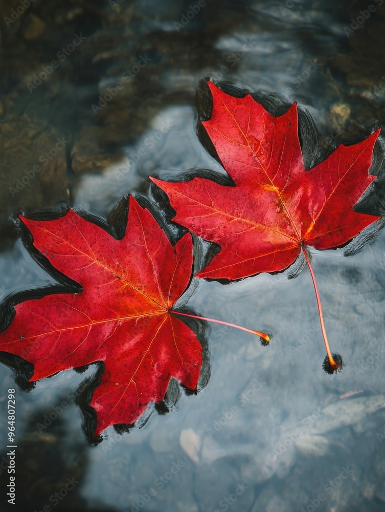 Vibrant red maple leaves floating on calm water in autumn Vibrant red maple leaves floating on calm water in autumn