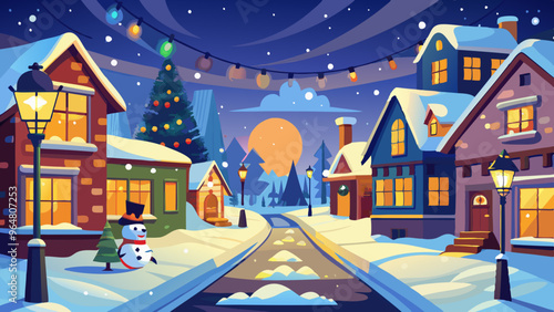 Snowy Winter Night in a Decorated Christmas Village with Snowman