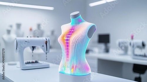 Futuristic fashion design, holographic fabrics, digital sewing machines, sleek studio environment