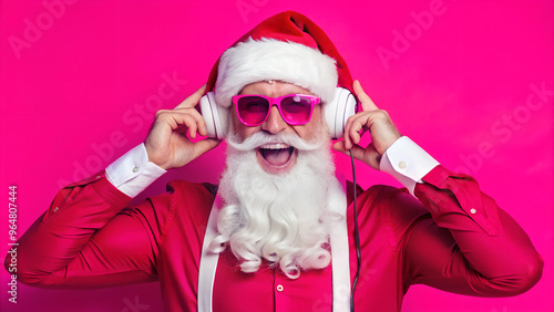 Nightclub invite on christmas party celebration funky crazy santa claus dj in white headset sing song sound melody listen music dance wear stylish x-mas hat suspenders isolated photo