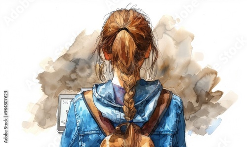 A young girl with a braided hairstyle gazes thoughtfully at a platform schedule while standing at a train station filled with vibrant hues and a sense of anticipation during the afternoon