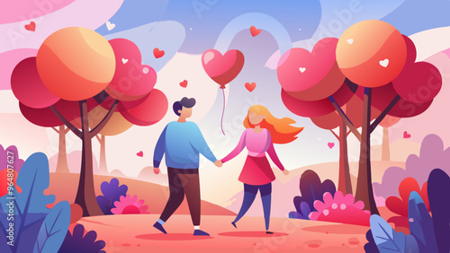 Romantic Couple Walking with Heart Balloon in Colorful Autumn Park