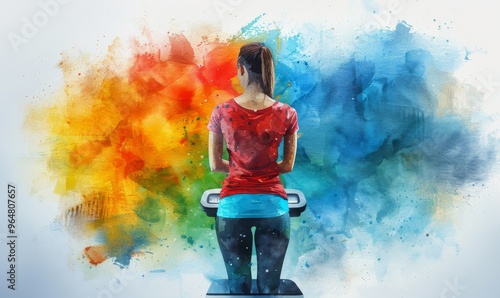 A woman exercises on a treadmill surrounded by vibrant colors that symbolize energy and motivation, embodying the spirit of determination and wellness in a bright fitness space photo