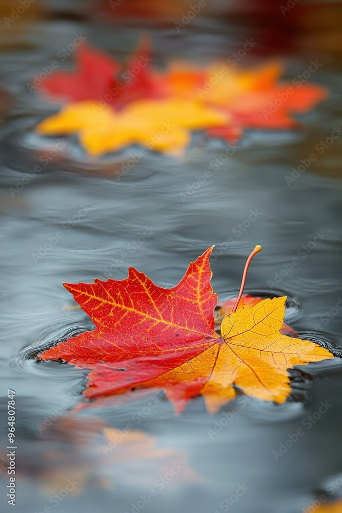 Colorful autumn leaves floating on calm water in serene setting Colorful autumn leaves floating on calm water in serene setting