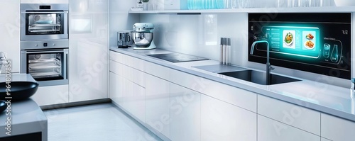 Holographic cooking assistant, smart kitchen appliances, virtual recipe display, modern interior