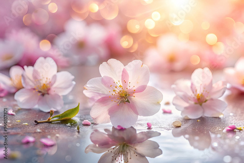 A close up of a pink flower with a few petals scattered around it