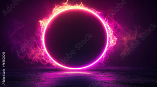 A glowing neon pink circle with fiery edges radiates intense light against a dark background, creating a striking, futuristic, and mysterious visual effect. photo