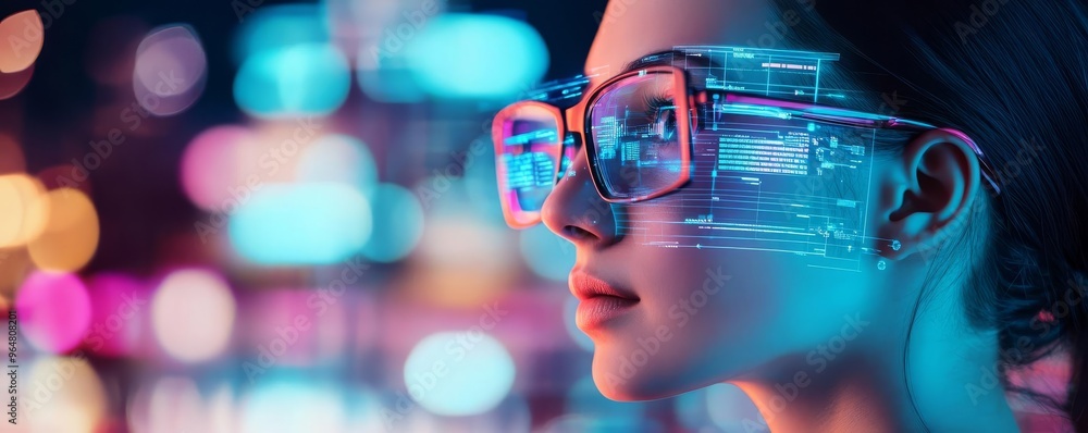 Holographic language interpreter, multicultural city, digital communication overlay Holographic language interpreter, multicultural city, digital communication overlay