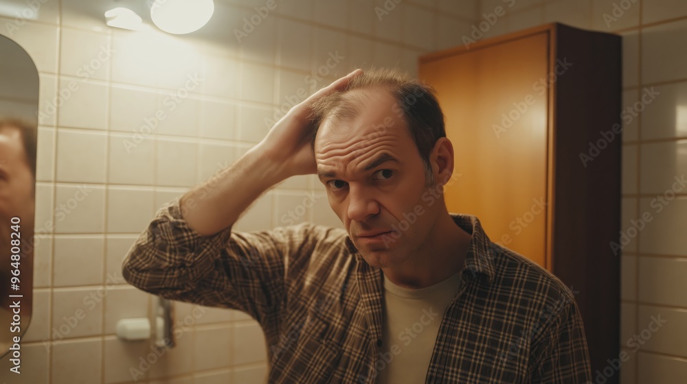 Middle Aged Polish Man Checking Hair in Bathroom Mirror Personal Grooming, Reflection, Self Care Middle Aged Polish Man Checking Hair in Bathroom Mirror Personal Grooming, Reflection, Self Care