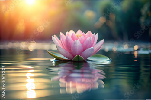A pink flower is floating on the surface of a pond
