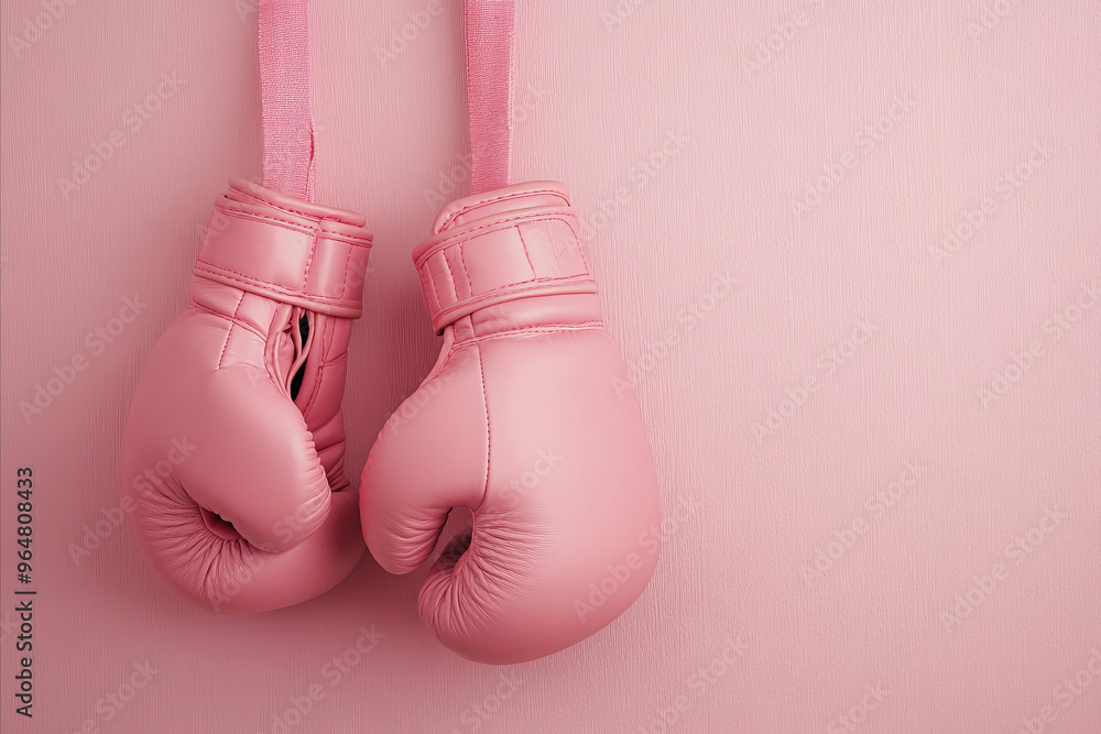 Pink boxing gloves hanging against a pink wall. Fighting breast cancer Pink boxing gloves hanging against a pink wall. Fighting breast cancer