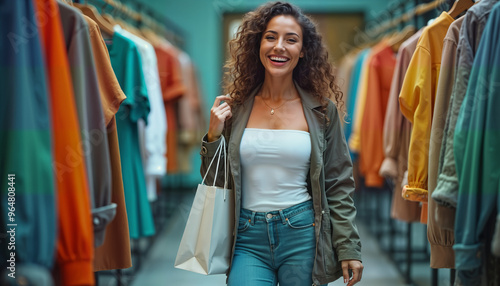 A stylish middle-aged housewife radiates joy while shopping, holding a chic bag in a vibrant boutique. This image is perfect for fashion, retail, and lifestyle marketing aimed at modern women