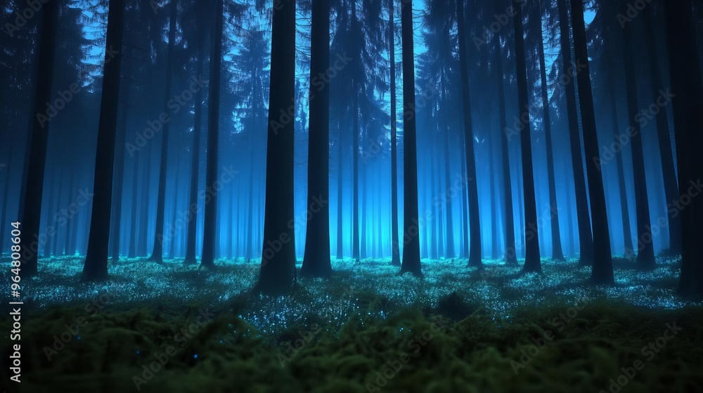 Fototapeta premium Mystical forest with fog and bioluminescent plants, glowing in the dark, nature's magic