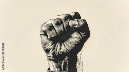 A close-up of a hand with a fist raised high against on dark background, symbolizing strength, unity, and resistance. The fist is clenched tightly, evoking a sense of empowerment.