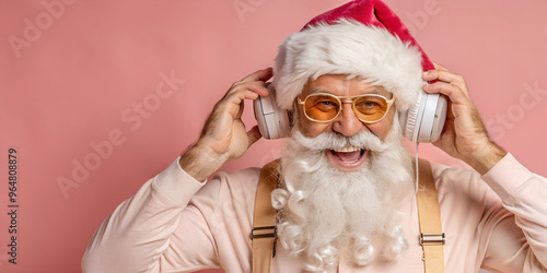 Nightclub invite on christmas party celebration funky crazy santa claus dj in white headset sing song sound melody listen music dance wear stylish x-mas hat suspenders isolated 