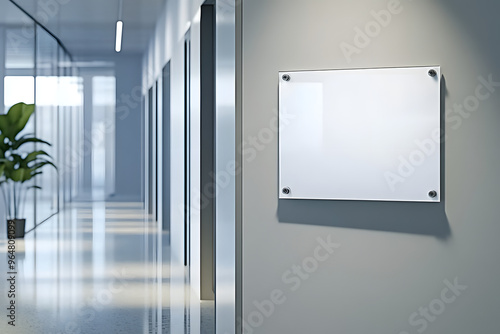 A mock up of a blank glass nameplate design is shown in this 3D rendering. The signplate is mounted on the wall near the interior door of the office. The signplate is mocked up on the wall behind the photo