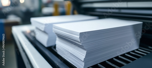 Close-up of a stack of white paper on a printer in a printing process factory