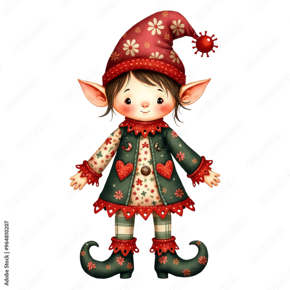 A cute christmas elf character is dressed in a festive outfit adorned with hearts, flowers, and patterns, showcasing warm colors and intricate details. A cute christmas elf character is dressed in a festive outfit adorned with hearts, flowers, and patterns, showcasing warm colors and intricate details.
