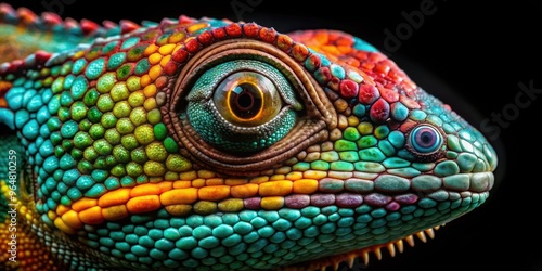 Extreme close-up of a vibrant chameleon head displaying intricate scale patterns. Generative AI photo