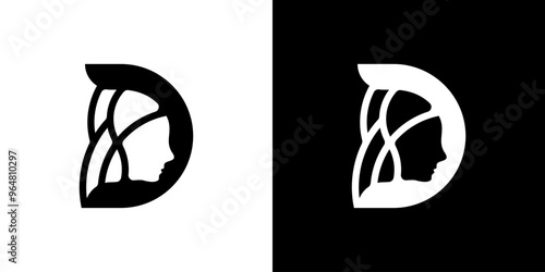 Human face logo with technological elements and the initials D.