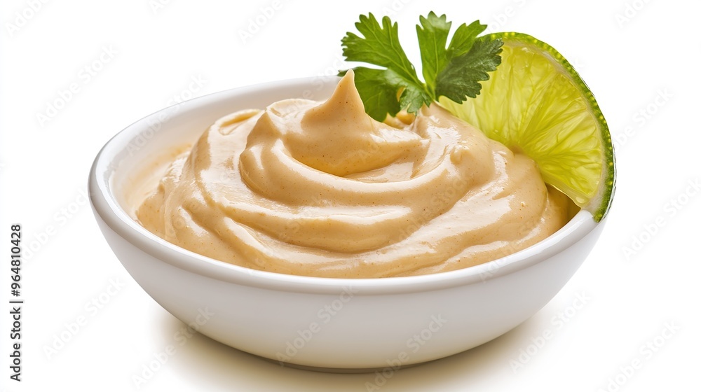 A white bowl with a creamy white sauce and a lime wedge on top A white bowl with a creamy white sauce and a lime wedge on top