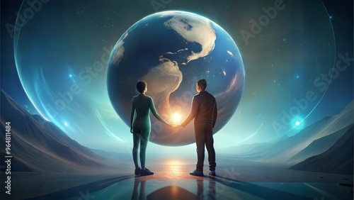 Couple holding hands in front of a glowing Earth symbolizing international unity in a futuristic setting