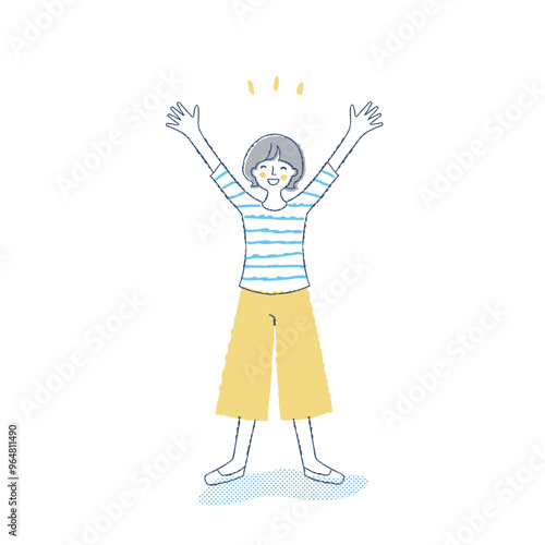 笑顔でバンザイをしている女性