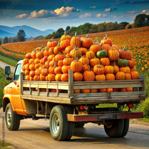 Truck loaded with pumpkins travels down a scenic road during autumn harvest. Generative AI