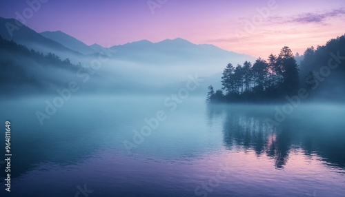 Misty Morning Lake with Forest and Mountain Reflection at Sunrise