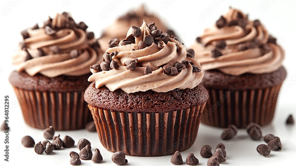 Four chocolate cupcakes with chocolate frosting and chocolate chips on a white background. Four chocolate cupcakes with chocolate frosting and chocolate chips on a white background.