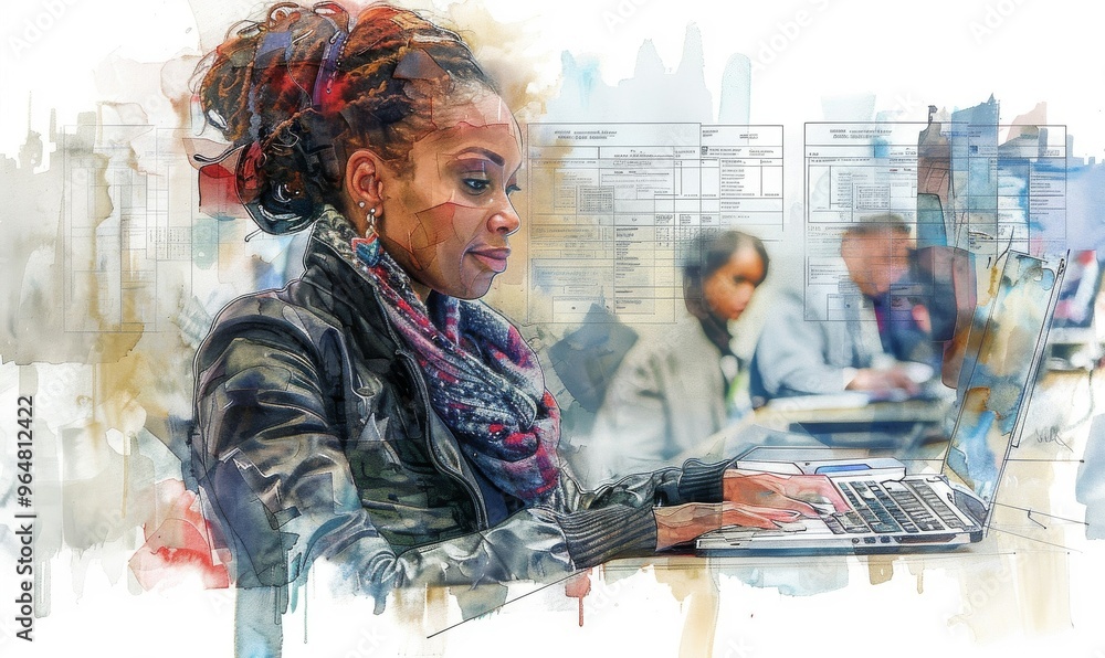 A woman engages in focused work on her laptop amid a vibrant, collaborative atmosphere in a modern office environment during a bustling afternoon A woman engages in focused work on her laptop amid a vibrant, collaborative atmosphere in a modern office environment during a bustling afternoon